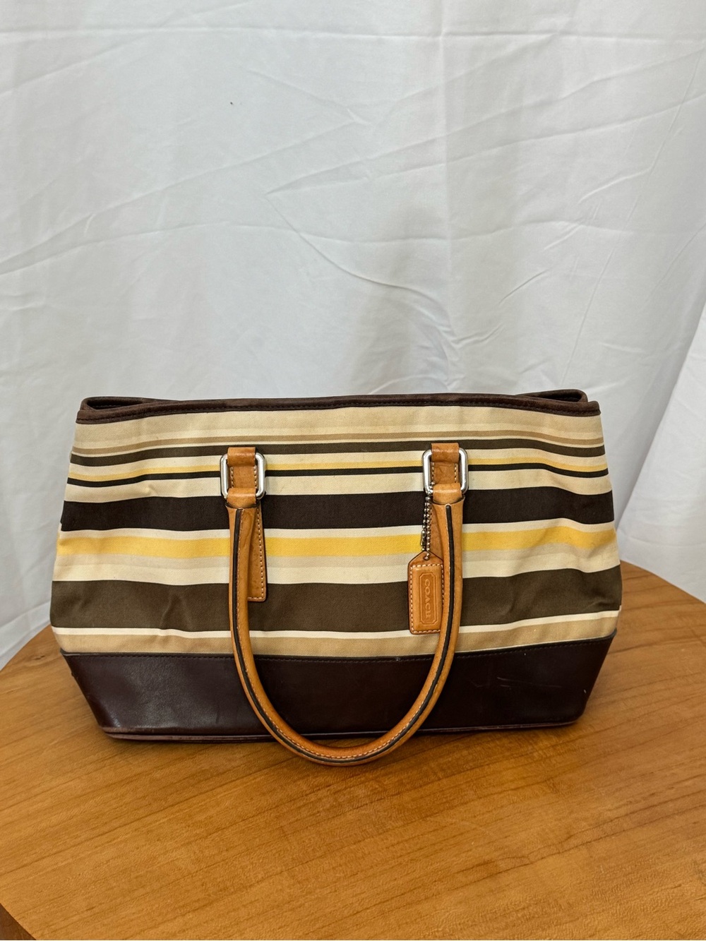 Vintage coach HamptonStriped Canvas Tote with Leather Trim - Brown, Tan & Yellow